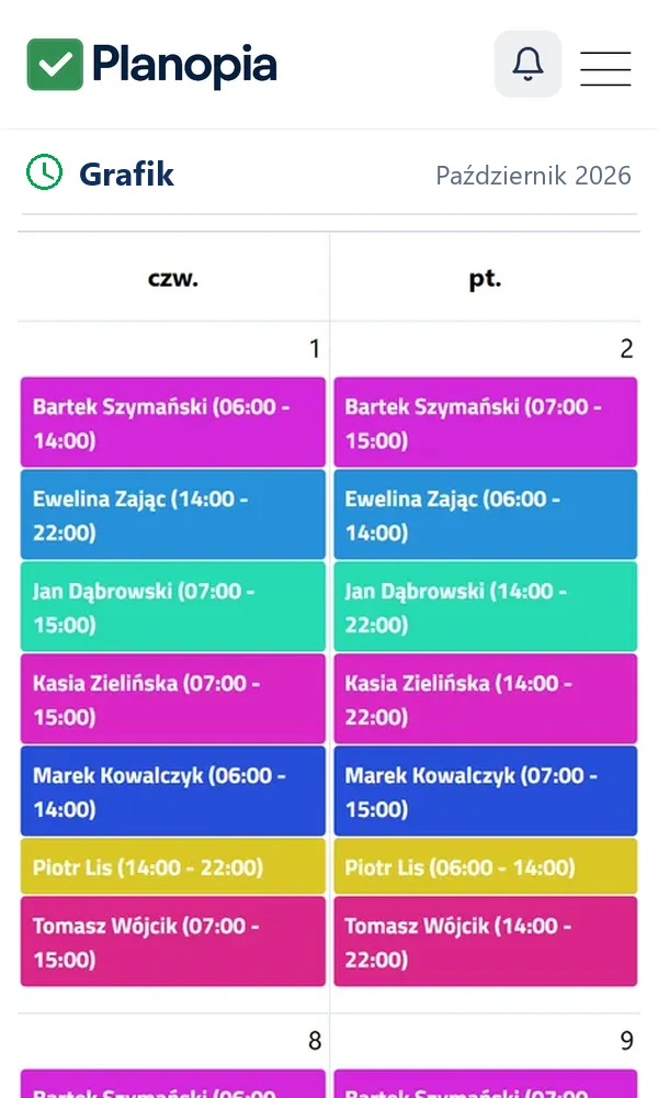 Grafik zmian zespołu w Planopii na telefonie